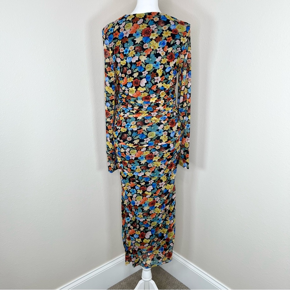 GANNI Colorful Floral SquareNeck Long Sleeve Ruched Stretch Mesh Midi Dress Sz L - Picture 9 of 15